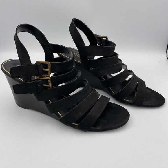 Lauren Ralph Lauren Sandals Linda Black Leather Wedge Thong Dressy Summer 10B - Picture 1 of 9